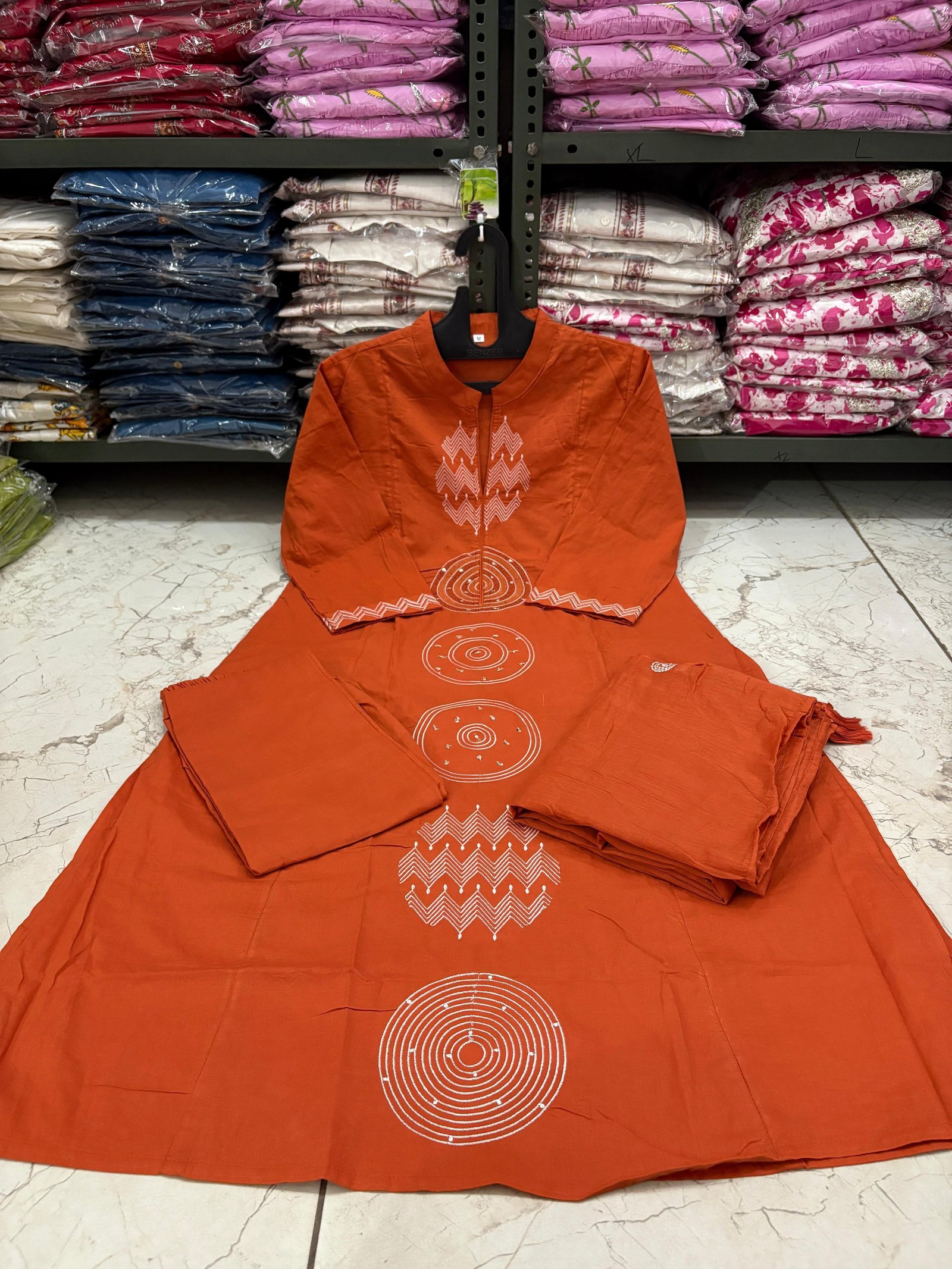 Orange Jaipuri Cotton A-Line Suit with Embroidered Dupatta